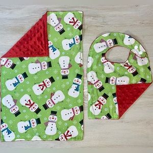 NEW Holiday Dancing Snowman - Handmade Baby Gift Set - Baby Toddler Bib & Burp